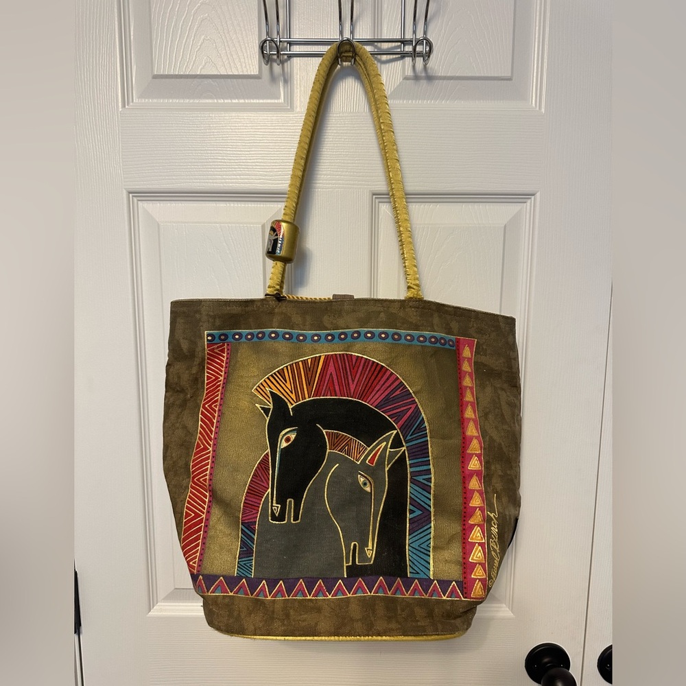 Laurel Burch Olive Tote with Multicolor Horse Motif